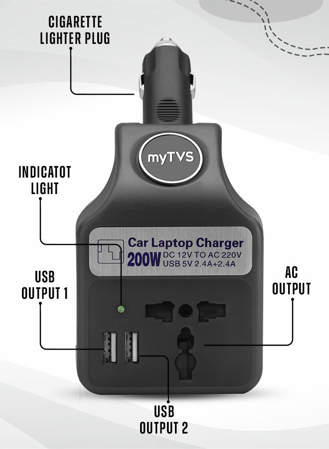 myTVS myTVS 200W Portable Car Laptop and Mobile Charger with 1+1 Year warranty| 2 in 1 charger | Fast Charging- Black | TLC-28  - Image 3