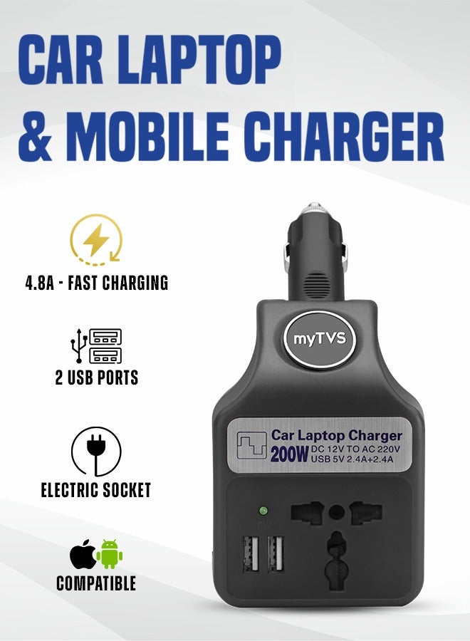 myTVS myTVS 200W Portable Car Laptop and Mobile Charger with 1+1 Year warranty| 2 in 1 charger | Fast Charging- Black | TLC-28  - Image 4