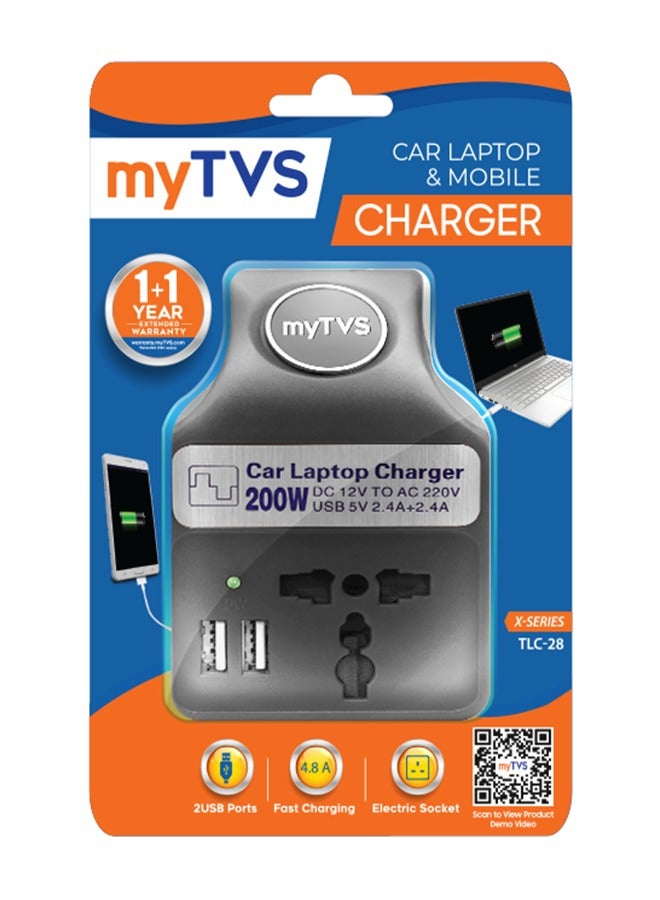 myTVS myTVS 200W Portable Car Laptop and Mobile Charger with 1+1 Year warranty| 2 in 1 charger | Fast Charging- Black | TLC-28  - Image 2