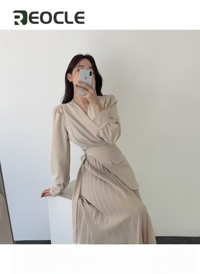 REOCLE Womens V Neck Pleated Dress Long Sleeve Flowy Ruffle Pleated Casual Dress Tie Waist Solid Flowy Dress - Image 4