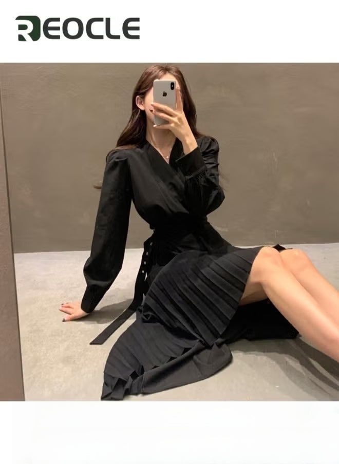 REOCLE Womens V Neck Pleated Dress Long Sleeve Flowy Ruffle Pleated Casual Dress Tie Waist Solid Flowy Dress - Image 2