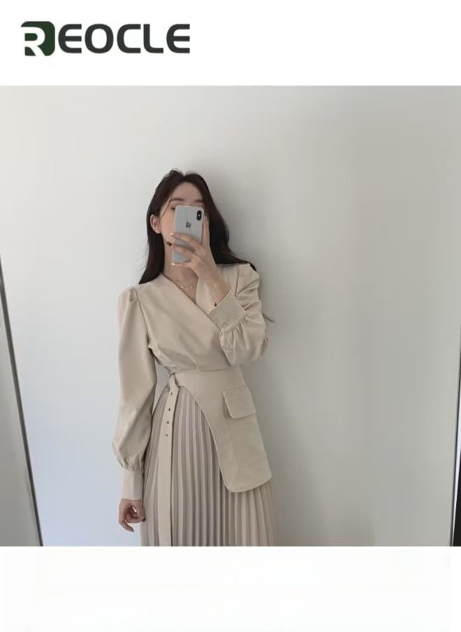 REOCLE Womens V Neck Pleated Dress Long Sleeve Flowy Ruffle Pleated Casual Dress Tie Waist Solid Flowy Dress - Image 3