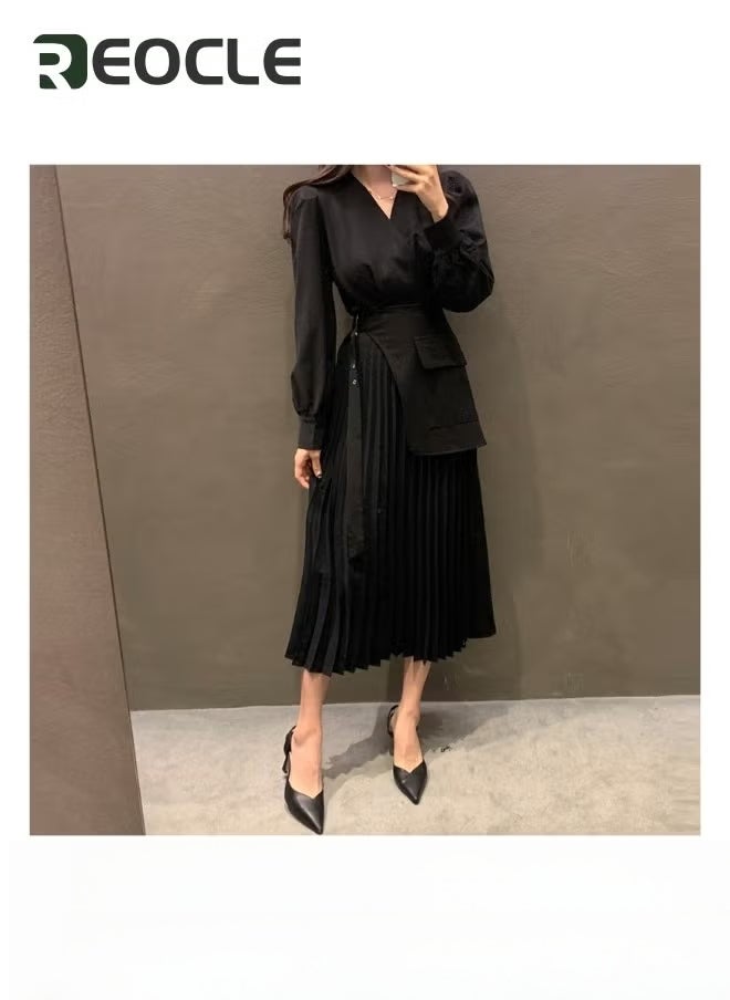 REOCLE Womens V Neck Pleated Dress Long Sleeve Flowy Ruffle Pleated Casual Dress Tie Waist Solid Flowy Dress - Image 1