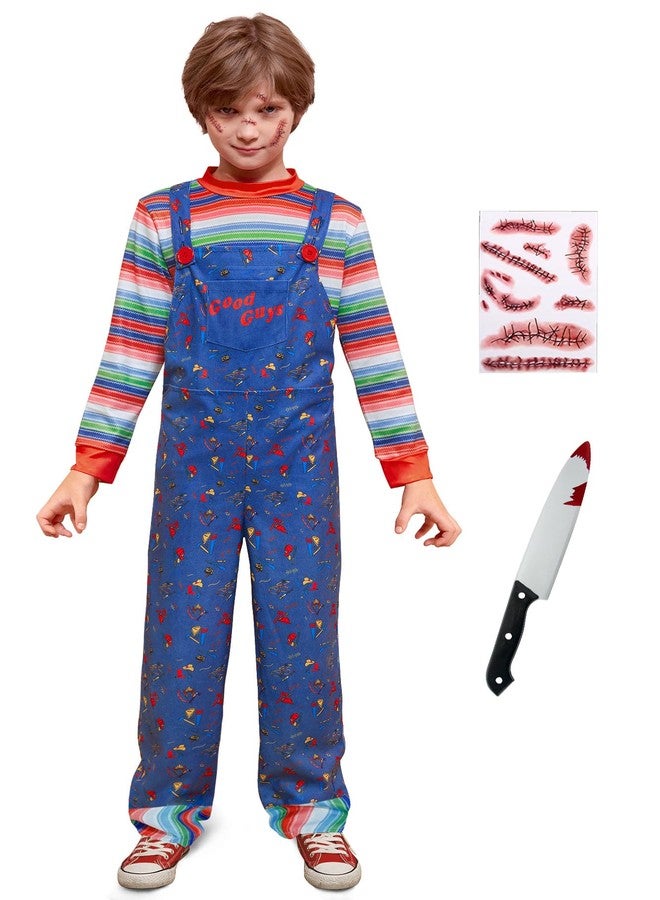 BesserBay Boys Girls Scary Blue Outfit Halloween Chckie Costumes Horror Killer Print Jumpsuit with Striped Top 12 Years - Image 1