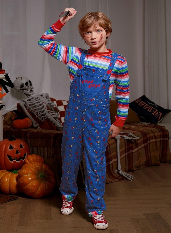 BesserBay Boys Girls Scary Blue Outfit Halloween Chckie Costumes Horror Killer Print Jumpsuit with Striped Top 12 Years - Image 3