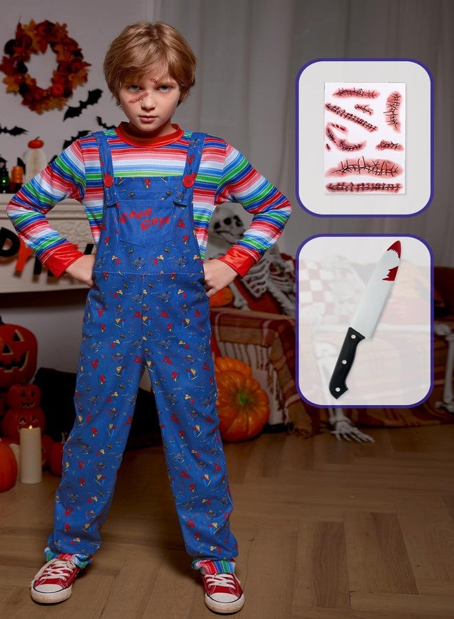 BesserBay Boys Girls Scary Blue Outfit Halloween Chckie Costumes Horror Killer Print Jumpsuit with Striped Top 12 Years - Image 2