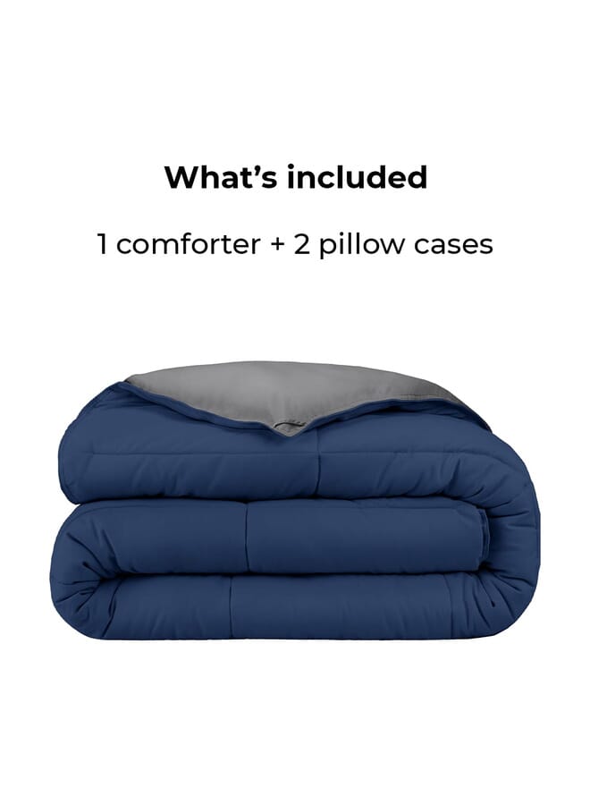 Home of linens 3Pcs Reversible Heavy Comforter Set - 2.8Kgs - Down Alternative Filling - (For Matress 100cm/120cm) - Size (180cm x 240cm) + 2 Pillow Case Covers (50cm x 70cm) - Dark Blue x Grey - Image 4