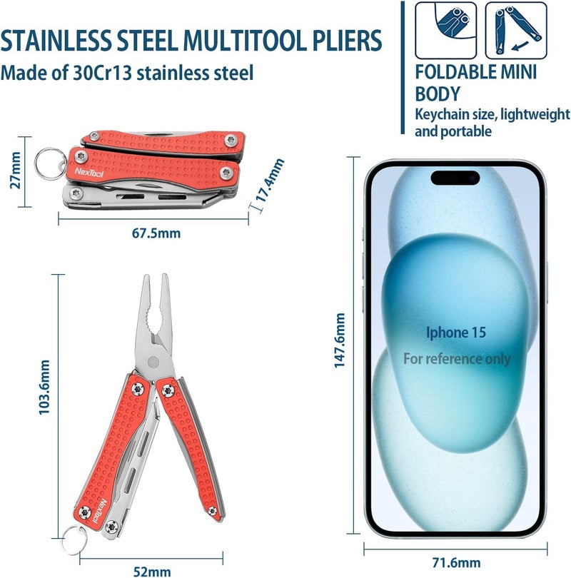 Nextool EDC Keychain Multitool, 10 in 1 Mini Pocket Knife Multi Tool with Needlenose Pliers, Scissors, Mini Useful Cool Gadgets for Men, Father's Day Gifts from Daughter-Red - Image 2
