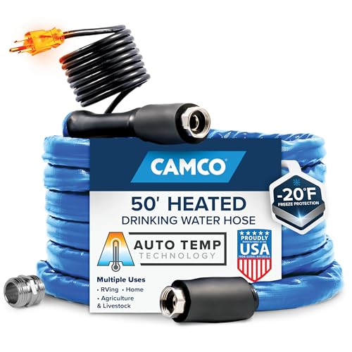 Camco 50foot Heated Water Hose for RV Prevents Freezing Down to 20 Certified For Drinking Water LeadFree Great for Campers Livestock Agriculture Kennels etc 58 ID 22912 - Image 1