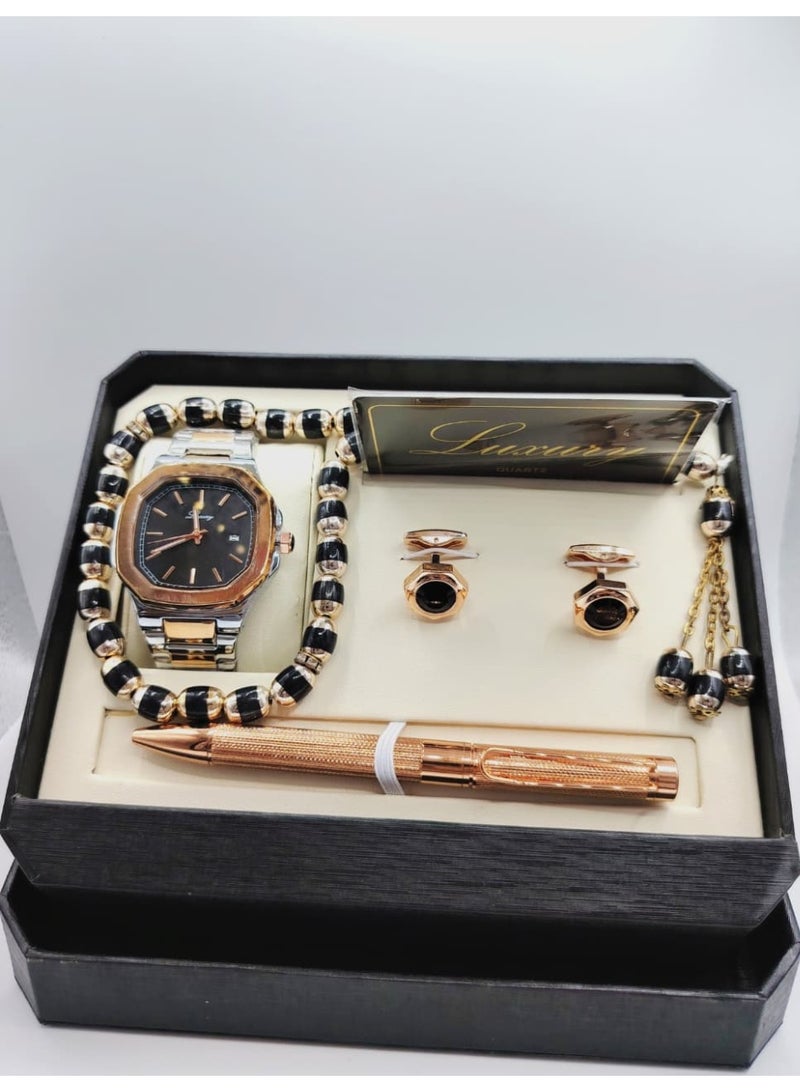 لكجر طقم هدية ساعة رجالية راقية و بجودة عالية ساعة, وقلم, وسبحة, وكبك, سوار فضي وبرونزي مع ميناء أسود