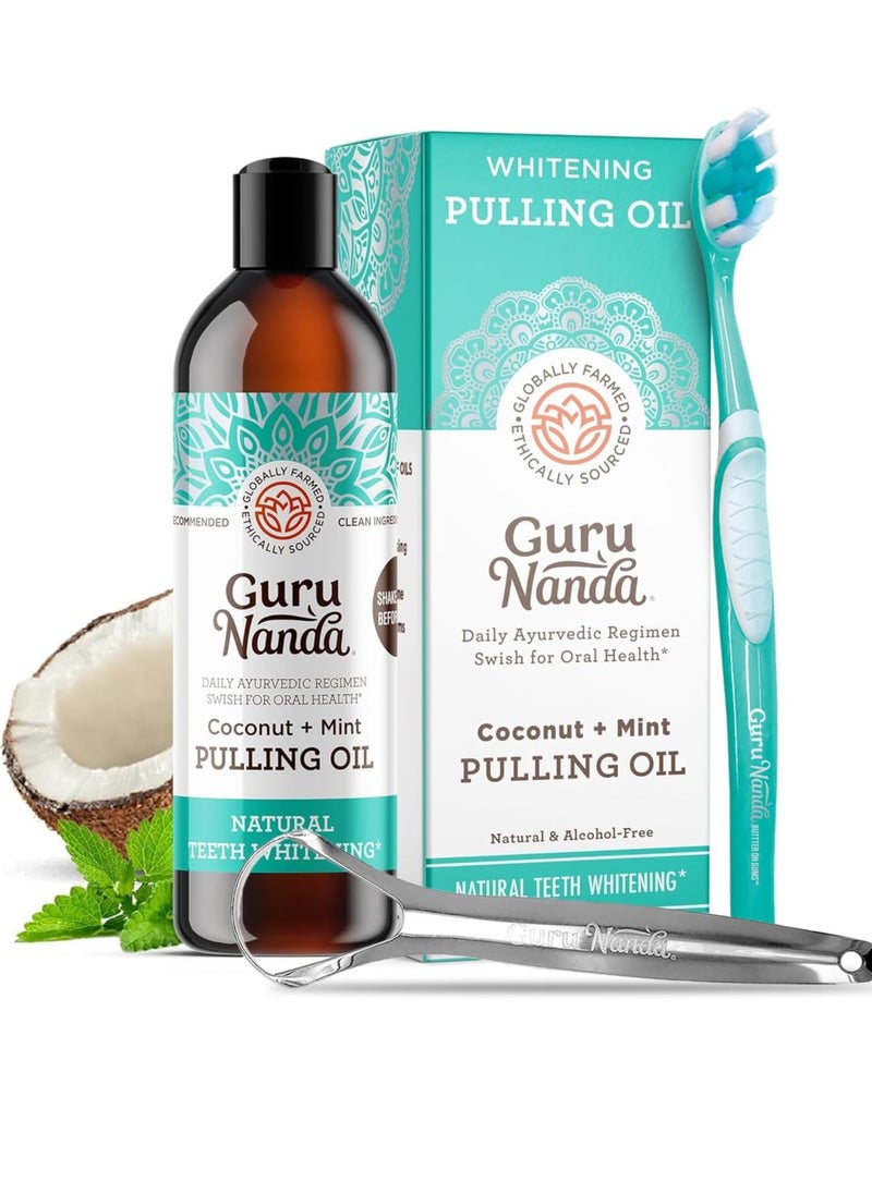 GuruNanda GuruNanda Whitening Pulling Oil with Coconut Oil & Peppermint Essential Oil for Natural Teeth Whitening, Fresh Breath, Alcohol Free Mouthwash (8 FlOz)  - Image 1