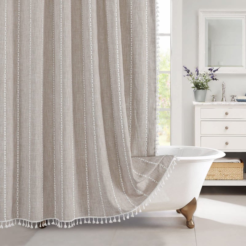 MitoVilla Boho Extra Long Shower Curtain 72 x 84 Tan 84 inch XL Cotton Linen Tassel Fabric Shower Curtain Set with Hooks for Vintage Country Farmhouse Bathroom Decor Thick  Wrinkle Resistant
