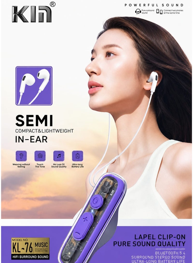 KIN KL-76 Bluetooth Clip-On Earphones – Bluetooth 5.4, HiFi Stereo Sound, Semi In-Ear Design, Smart Touch Control, Long Battery Life, – Purple