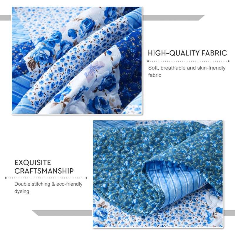 Travan Bedspread Quilt Sets 3-Piece Lightweight Coverlet Set with Shams Reversible Quilted Bedding Set, Blue Floral Patchwork, Queen Size - Image 3