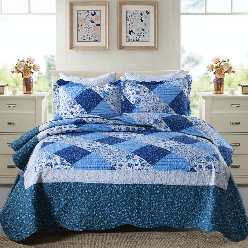 Travan Bedspread Quilt Sets 3-Piece Lightweight Coverlet Set with Shams Reversible Quilted Bedding Set, Blue Floral Patchwork, Queen Size - Image 1