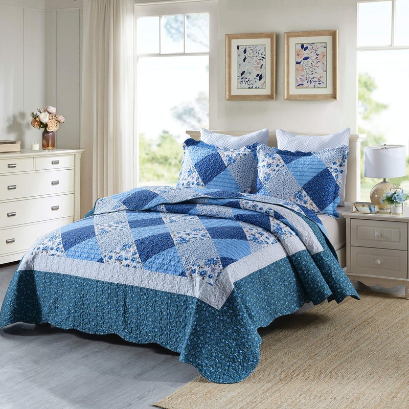 Travan Bedspread Quilt Sets 3-Piece Lightweight Coverlet Set with Shams Reversible Quilted Bedding Set, Blue Floral Patchwork, Queen Size - Image 2