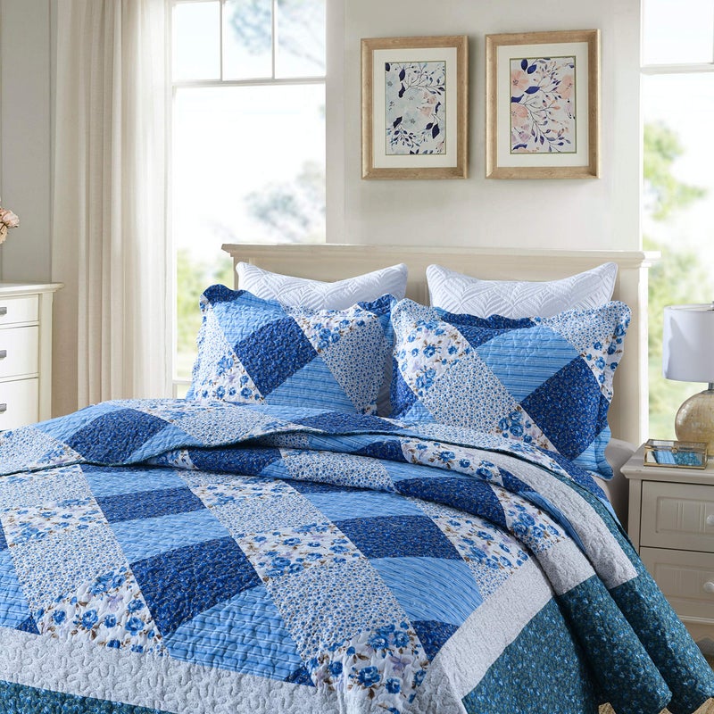 Travan Bedspread Quilt Sets 3-Piece Lightweight Coverlet Set with Shams Reversible Quilted Bedding Set, Blue Floral Patchwork, Queen Size - Image 4