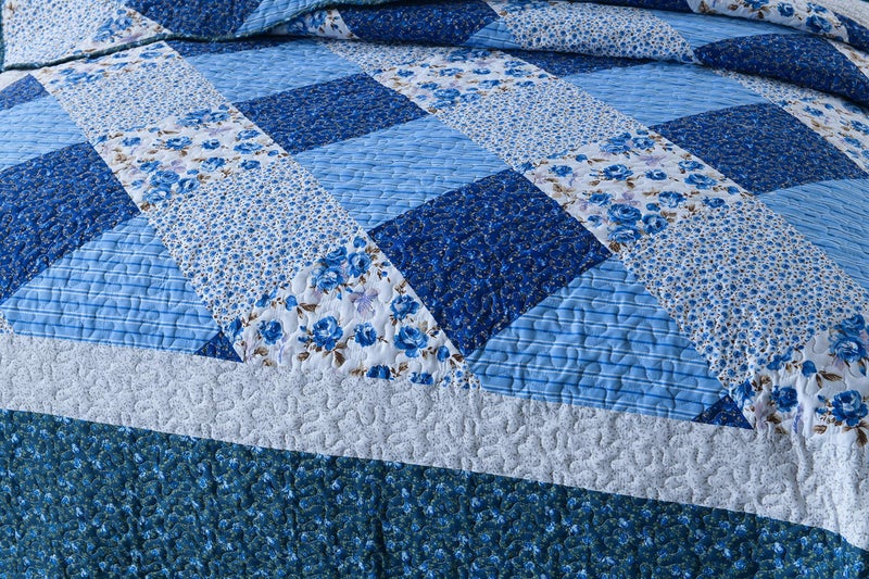 Travan Bedspread Quilt Sets 3-Piece Lightweight Coverlet Set with Shams Reversible Quilted Bedding Set, Blue Floral Patchwork, Queen Size - Image 5