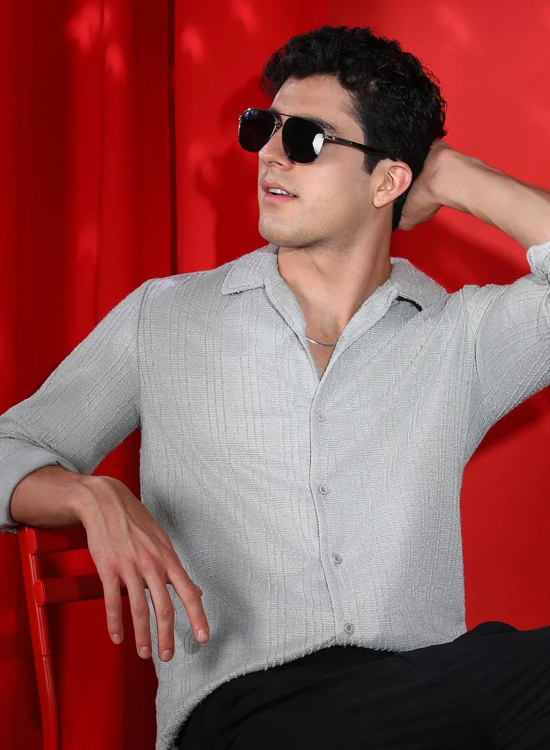 Campus Sutra Men's Cloud Grey Tactile Cuban Shirt