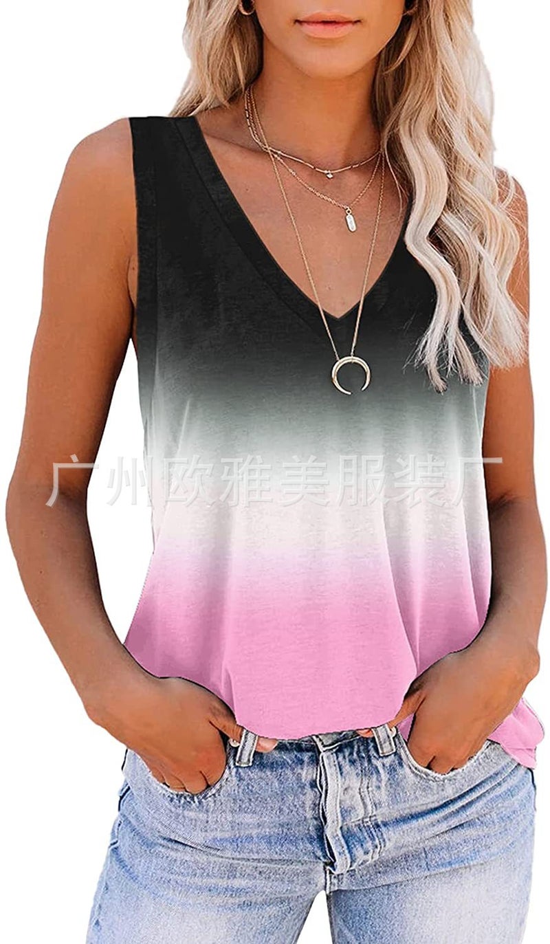 2022 European and American Foreign Trade womens clothing fashion Gradient print loose casual V-neck sleeveless vest sweet fresh T-shirt Pink  - Image 1