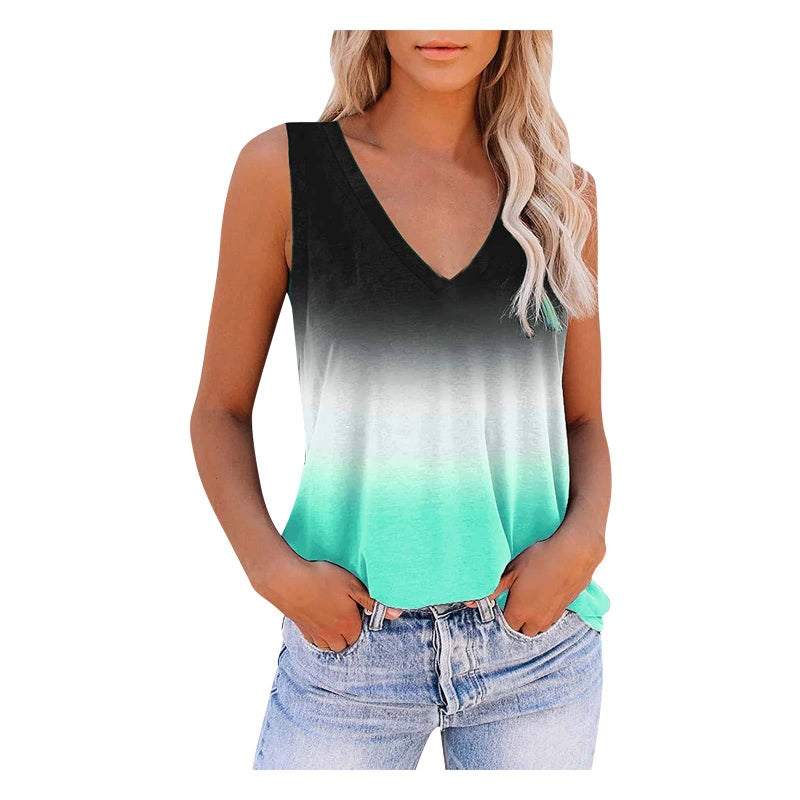 2022 European and American Foreign Trade womens clothing fashion Gradient print loose casual V-neck sleeveless vest sweet fresh T-shirt Pink  - Image 2