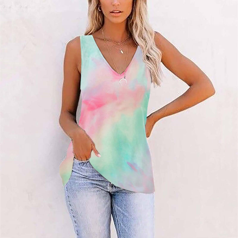 2022 European and American Foreign Trade womens clothing fashion Gradient print loose casual V-neck sleeveless vest sweet fresh T-shirt Pink  - Image 5