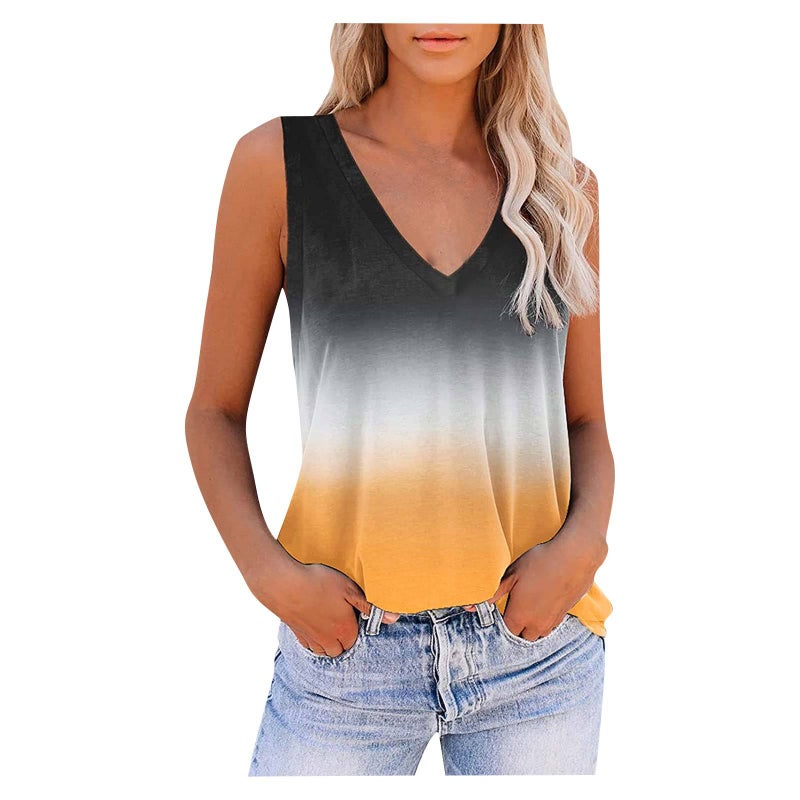 2022 European and American Foreign Trade womens clothing fashion Gradient print loose casual V-neck sleeveless vest sweet fresh T-shirt Pink  - Image 3