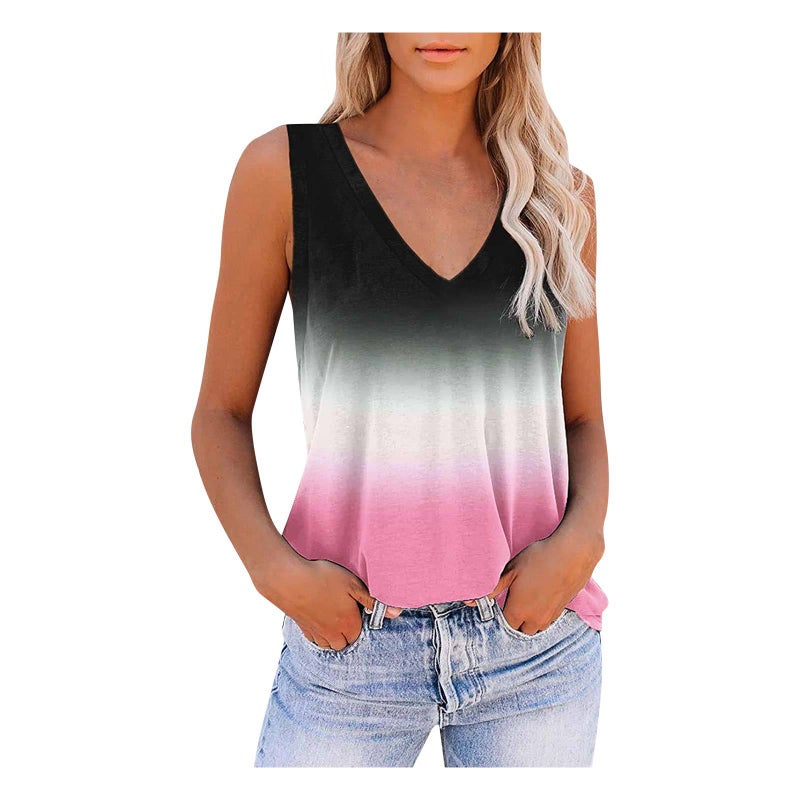 2022 European and American Foreign Trade womens clothing fashion Gradient print loose casual V-neck sleeveless vest sweet fresh T-shirt Pink  - Image 4