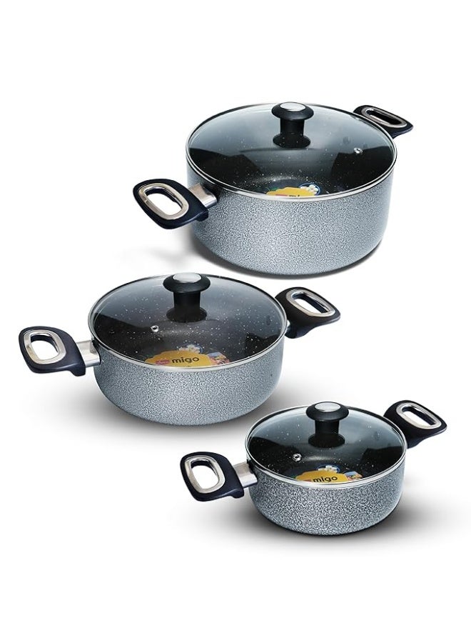 Impex Cook and Serve Casserole Set 3 Pcs Nonstick Granite Cookware Set with Glass Lid | Sauce Pans Combo with Induction Bottom | Non-Stick Cookware Set | Aluminium Casserole Set 4.6L, 2.7L and 1.9L - Image 1