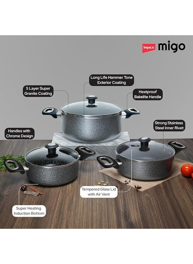 Impex Cook and Serve Casserole Set 3 Pcs Nonstick Granite Cookware Set with Glass Lid | Sauce Pans Combo with Induction Bottom | Non-Stick Cookware Set | Aluminium Casserole Set 4.6L, 2.7L and 1.9L - Image 3