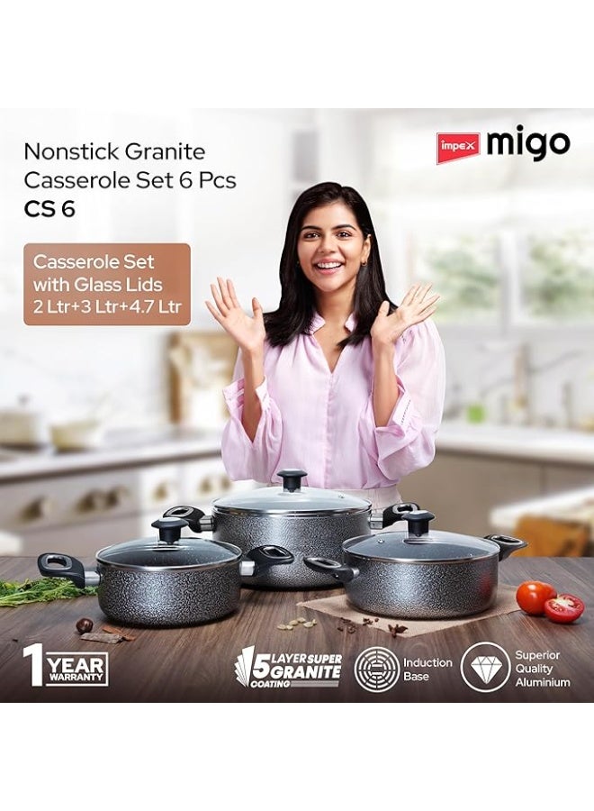 Impex Cook and Serve Casserole Set 3 Pcs Nonstick Granite Cookware Set with Glass Lid | Sauce Pans Combo with Induction Bottom | Non-Stick Cookware Set | Aluminium Casserole Set 4.6L, 2.7L and 1.9L - Image 2