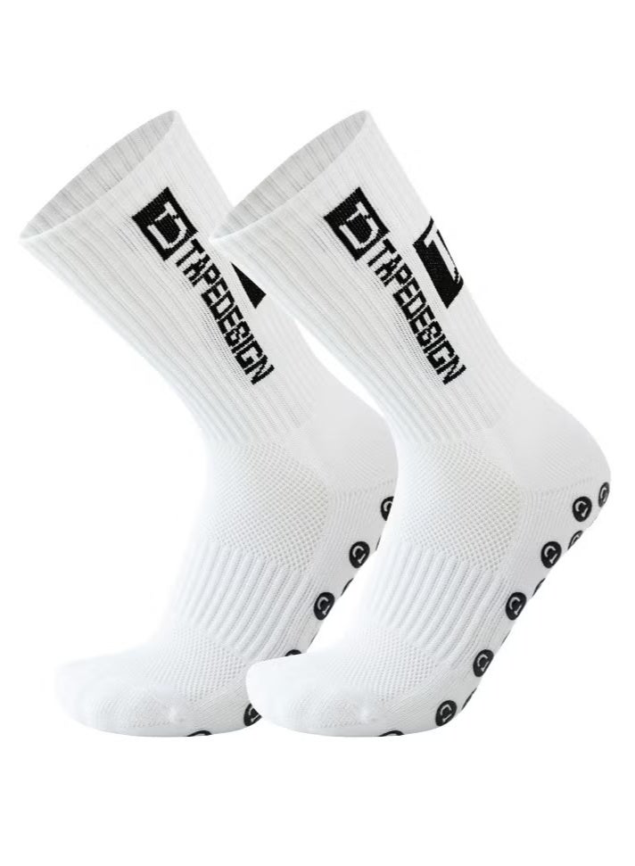 TAPEDESIGN Professional Thick Sports Socks Sweat Absorbing Odor Deodorizing Anti-Slip Football Socks, 2 Pairs (White + Black) - Image 2