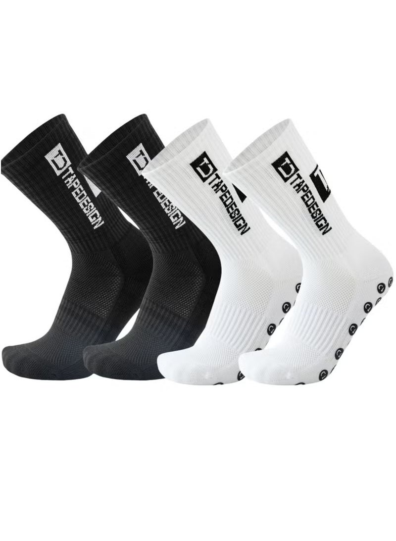 TAPEDESIGN Professional Thick Sports Socks Sweat Absorbing Odor Deodorizing Anti-Slip Football Socks, 2 Pairs (White + Black) - Image 1