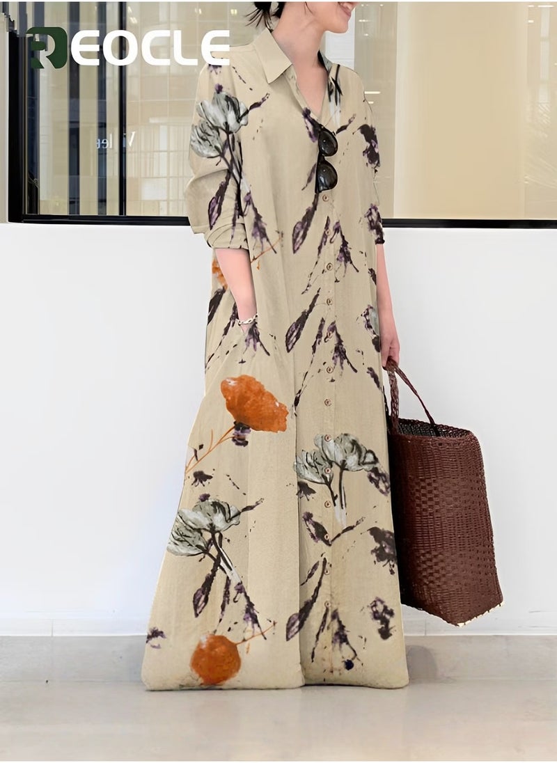 REOCLE Women's Shirt Dress Beautiful Maxi Dress Long Long Sleeve Plain Large Size Loose Body Covering Large Size Slim Natural Simple Short Outer Cover Spring Summer and Autumn - Image 4