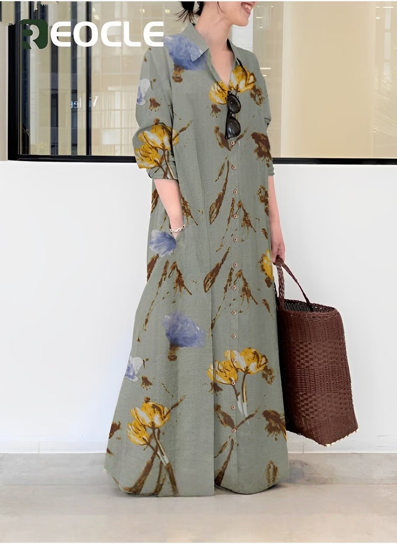 REOCLE Women's Shirt Dress Beautiful Maxi Dress Long Long Sleeve Plain Large Size Loose Body Covering Large Size Slim Natural Simple Short Outer Cover Spring Summer and Autumn - Image 2
