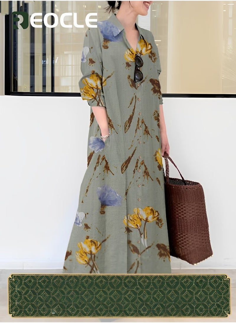 REOCLE Women's Shirt Dress Beautiful Maxi Dress Long Long Sleeve Plain Large Size Loose Body Covering Large Size Slim Natural Simple Short Outer Cover Spring Summer and Autumn - Image 1