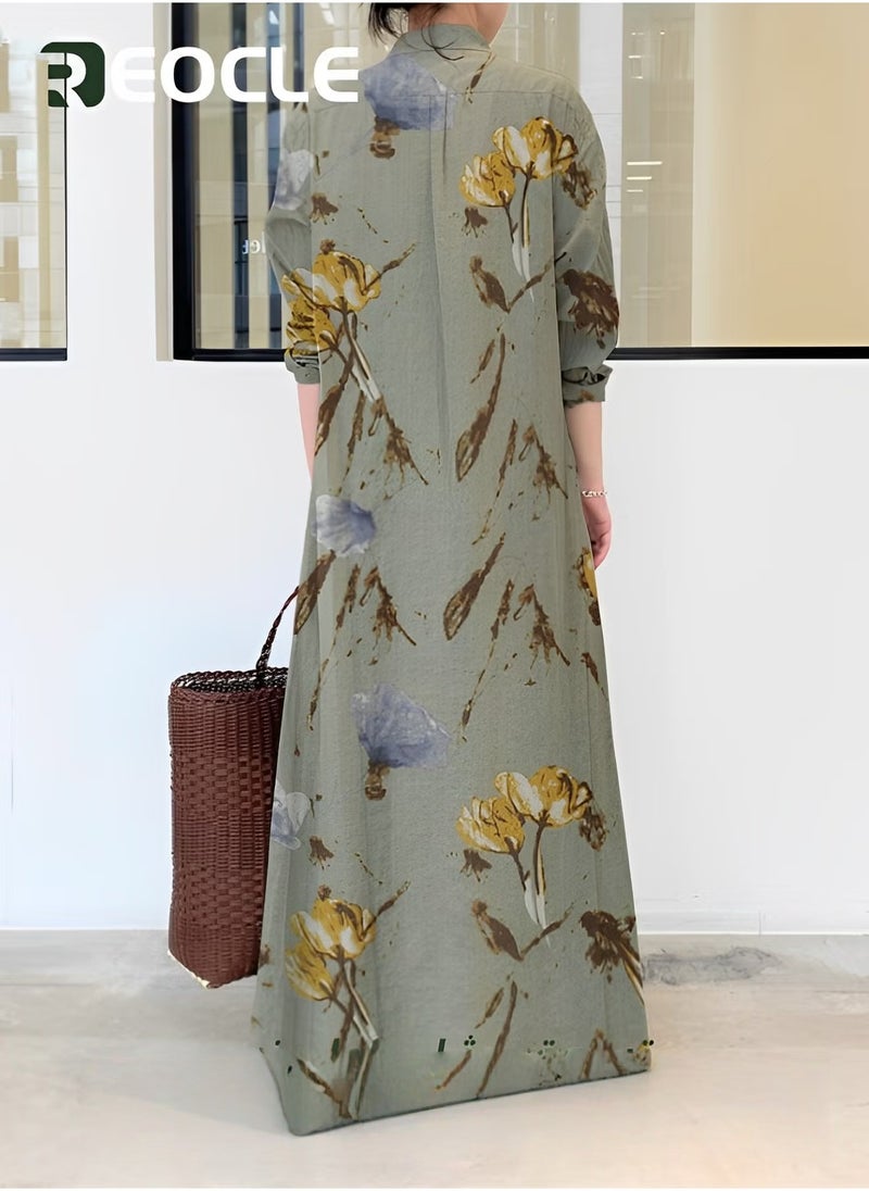 REOCLE Women's Shirt Dress Beautiful Maxi Dress Long Long Sleeve Plain Large Size Loose Body Covering Large Size Slim Natural Simple Short Outer Cover Spring Summer and Autumn - Image 3