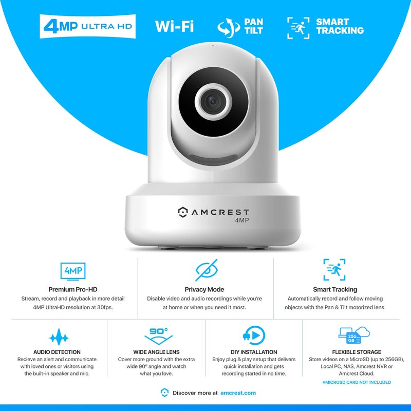 Amcrest 4MP ProHD Indoor WiFi, Security IP Camera with Pan/Tilt, Two-Way Audio, Night Vision, Remote Viewing, 4-Megapixel @30FPS, Wide 90Â° FOV, IP4M-1041W (White) - Image 2