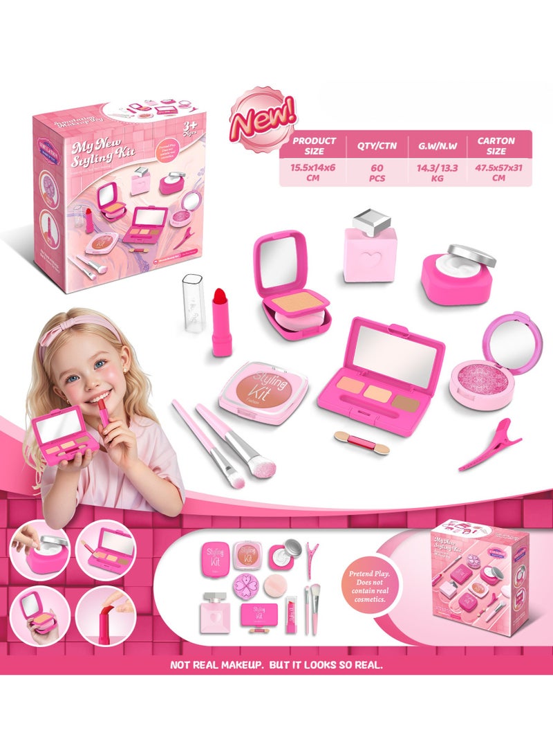 Pretend Makeup Kit for Girls, 9 Pcs Kids Cosmetic Pretend Play Beauty Make Up Set, Not Real Eye Shadow Blush Palette Lipstick, Pink,Beauty set with fashion boxmakeup toy set for Kids Girls  - Image 1