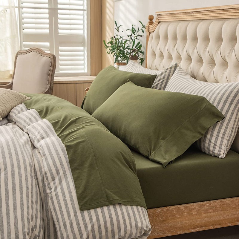 PURE ERA PURE ERA Jersey Knit 4pc Bed Sheet Set 100% T-Shirt Cotton Super Soft Comfy Breathable Fits Mattress Up to 20"" Extra Deep Pocket (Solid Olive Green  Cal King)  - Image 1