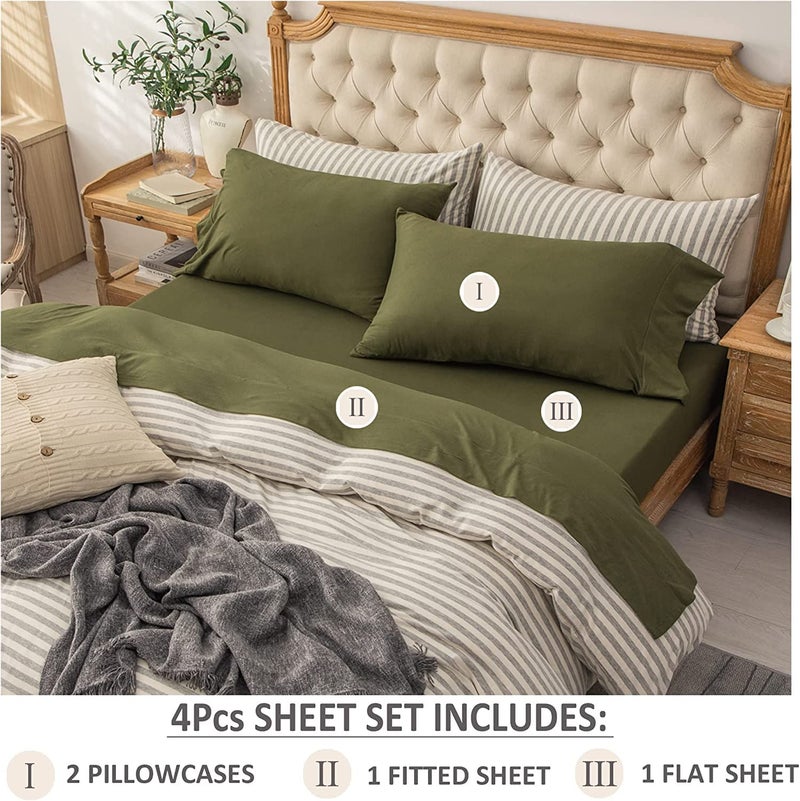 PURE ERA PURE ERA Jersey Knit 4pc Bed Sheet Set 100% T-Shirt Cotton Super Soft Comfy Breathable Fits Mattress Up to 20"" Extra Deep Pocket (Solid Olive Green  Cal King)  - Image 2