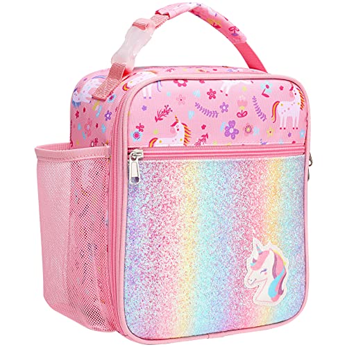 Bagseri Kids Lunch Box Girls - Insulated Kids Lunch Bag for Girls Portable Reusable Toddler Lunch Cooler Bag for School, Water-resistant Lining（Glitter Unicorn,Pink） - Image 1