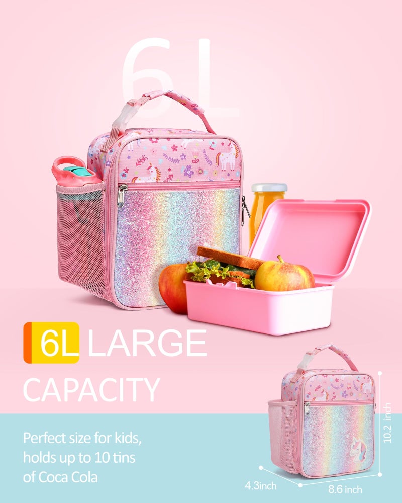 Bagseri Kids Lunch Box Girls - Insulated Kids Lunch Bag for Girls Portable Reusable Toddler Lunch Cooler Bag for School, Water-resistant Lining（Glitter Unicorn,Pink） - Image 3