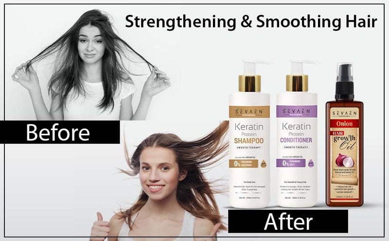 Sevaen Keratin Smooth Daily Shampoo  Keratin Smooth Daily Conditioner  Onion Hair Oil With Almond And Karonji Oil No Mineral No Sulfate Pack Of 3 For daily care - Image 4