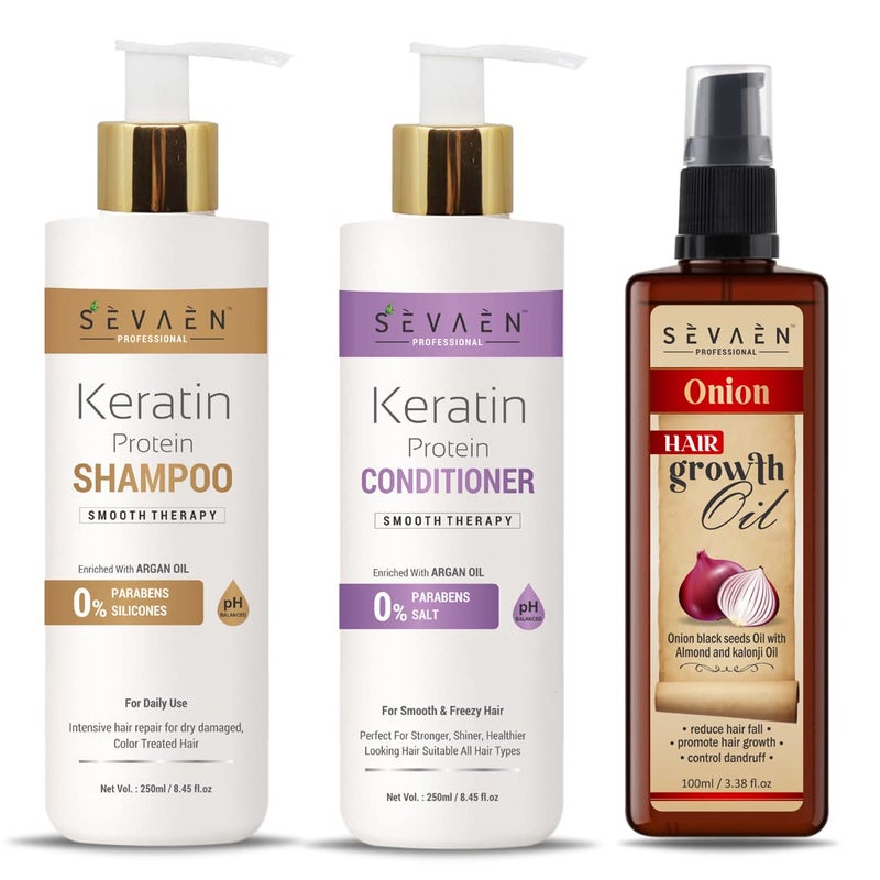 Sevaen Keratin Smooth Daily Shampoo  Keratin Smooth Daily Conditioner  Onion Hair Oil With Almond And Karonji Oil No Mineral No Sulfate Pack Of 3 For daily care - Image 1