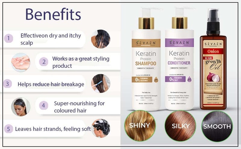 Sevaen Keratin Smooth Daily Shampoo  Keratin Smooth Daily Conditioner  Onion Hair Oil With Almond And Karonji Oil No Mineral No Sulfate Pack Of 3 For daily care - Image 3