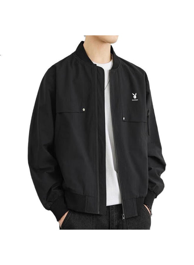 PLAYBOY Men'S Bomber Jacket Men'S Autumn Casual Trendy Workwear Baseball Collar Jacket Black Xl - Image 3