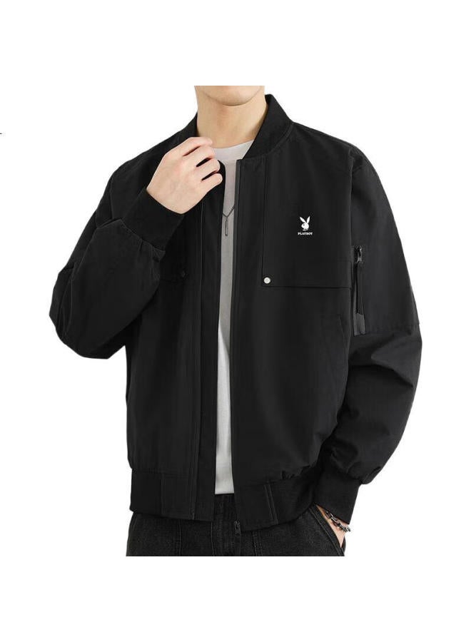 PLAYBOY Men'S Bomber Jacket Men'S Autumn Casual Trendy Workwear Baseball Collar Jacket Black Xl - Image 1