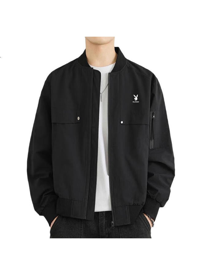 PLAYBOY Men'S Bomber Jacket Men'S Autumn Casual Trendy Workwear Baseball Collar Jacket Black Xl - Image 2