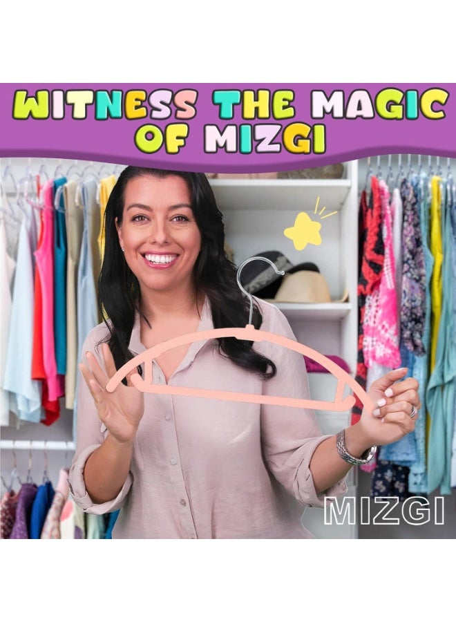 MIZGI شماعات ميسجي المخملية للأطفال 10 قطع، بدون نتوء على الكتف، شماعات للأطفال والرضع والأطفال الصغار، شماعات غير قابلة للانزلاق تدوم طويلاً وتوفر المساحة للاستخدام اليومي في الخزانة (10، وردي فاتح) - Image 4